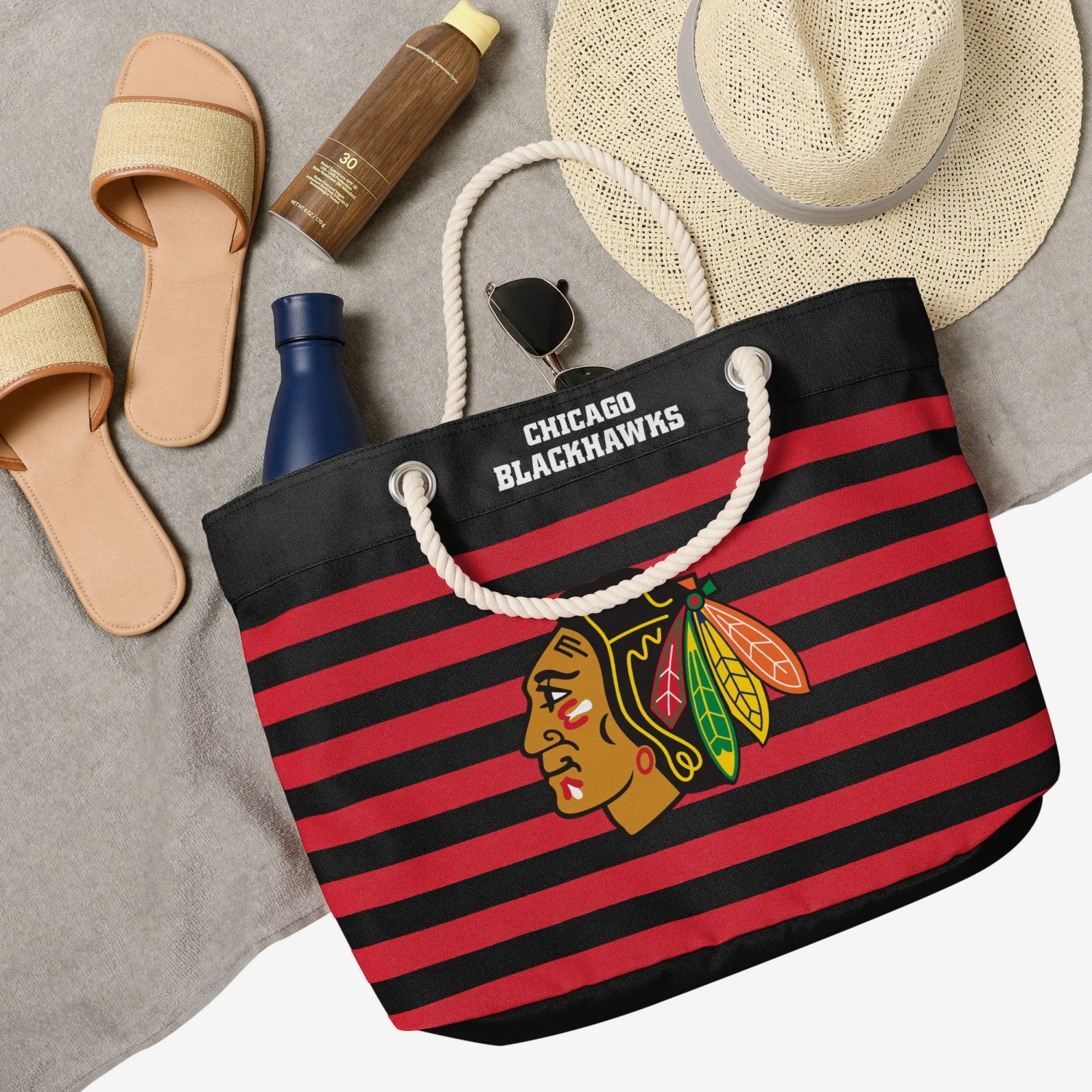 FOCO Chicago Blackhawks Nautical Stripe Tote Bag 6 FOCO Chicago Blackhawks Nautical Stripe Tote Bag - Image 4