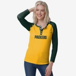FOCO Green Bay Packers Womens Big Wordmark Long Sleeve Henley