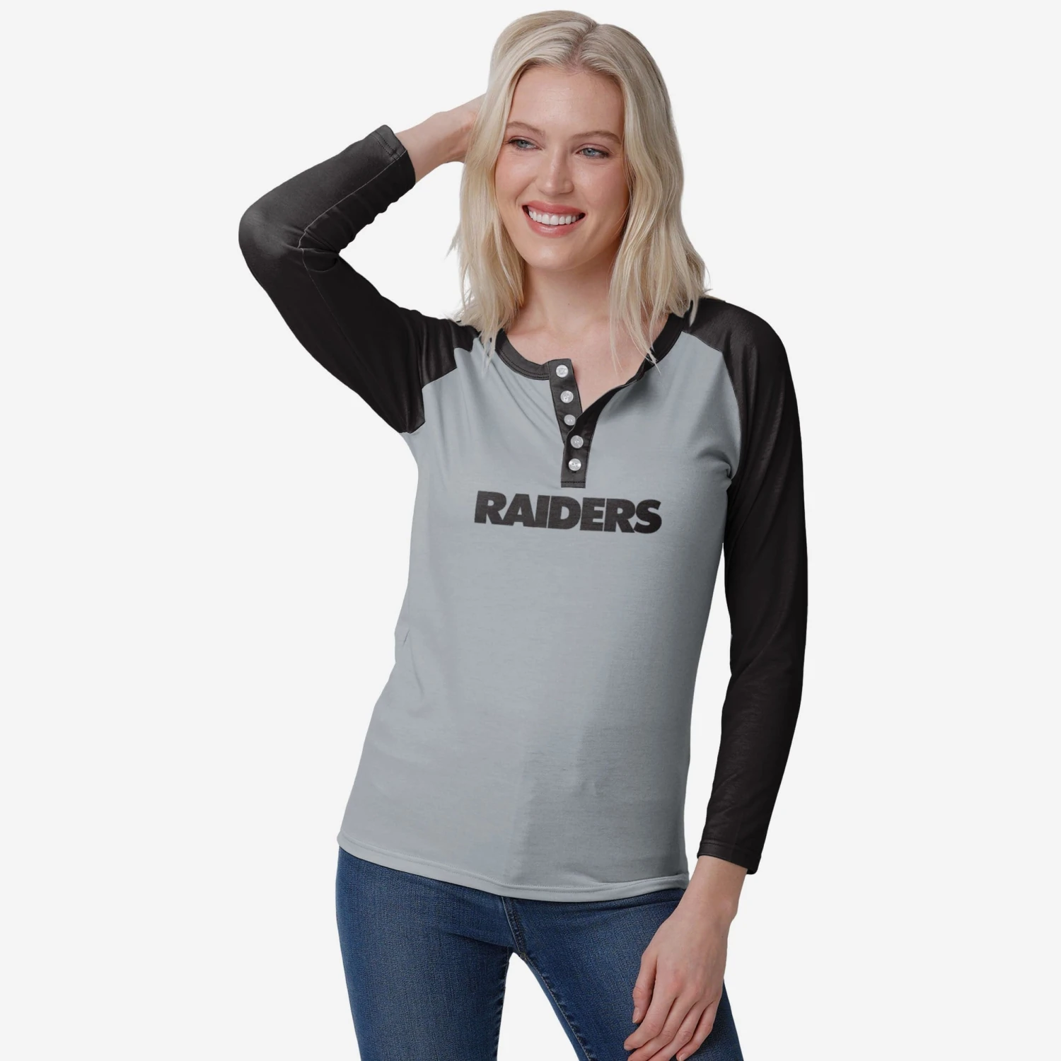 FOCO Las Vegas Raiders Womens Big Wordmark Long Sleeve Henley 3 FOCO Las Vegas Raiders Womens Big Wordmark Long Sleeve Henley