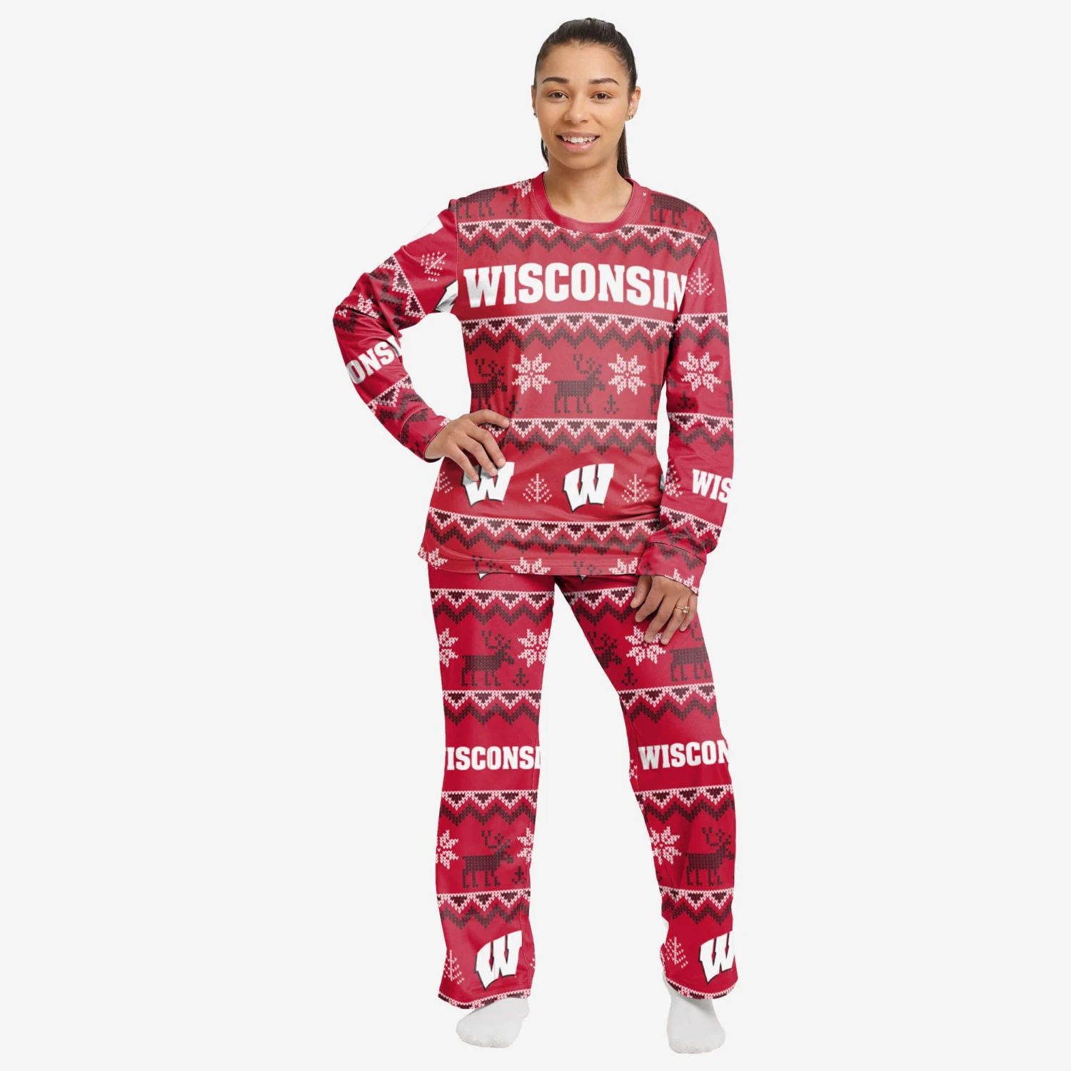 FOCO Wisconsin Badgers Womens Ugly Pattern Family Holiday Pajamas 3 FOCO Wisconsin Badgers Womens Ugly Pattern Family Holiday Pajamas