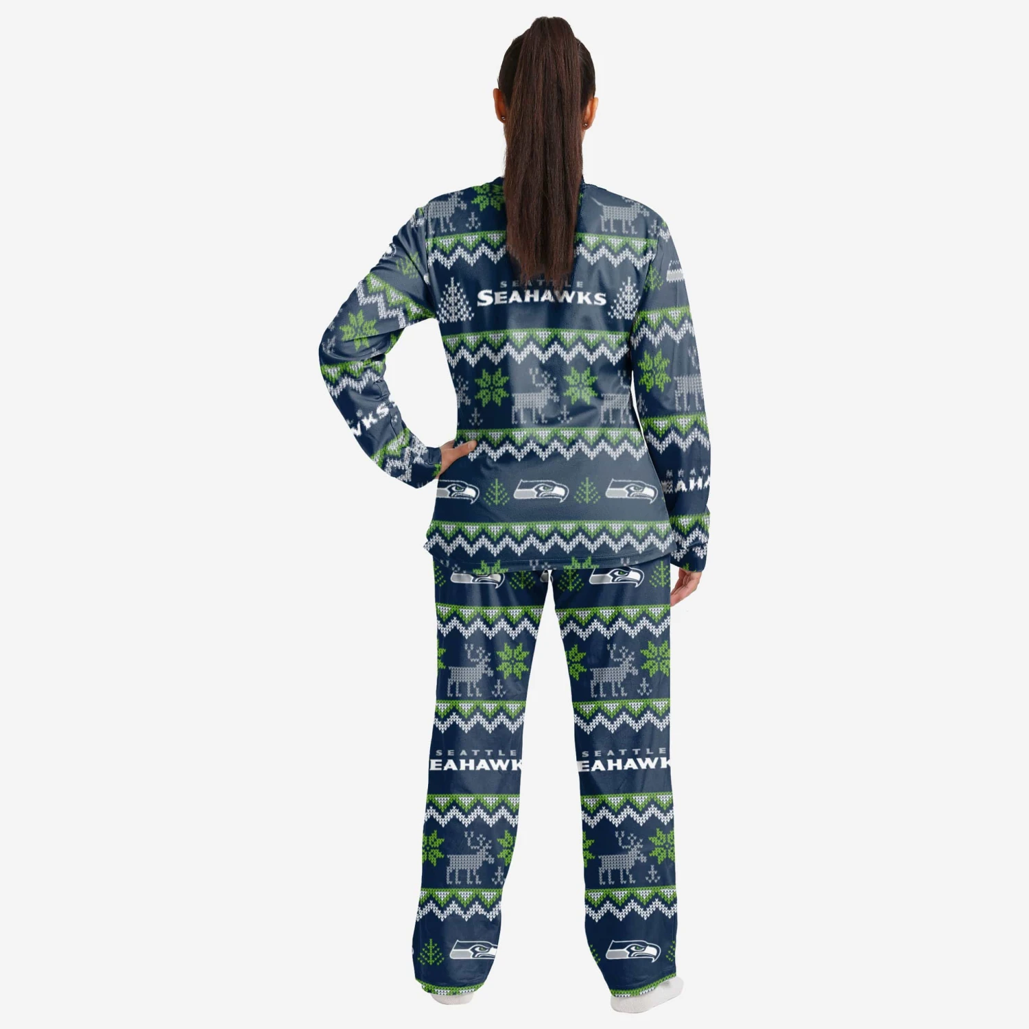 FOCO Seattle Seahawks Womens Ugly Pattern Family Holiday Pajamas 4 FOCO Seattle Seahawks Womens Ugly Pattern Family Holiday Pajamas - Image 2