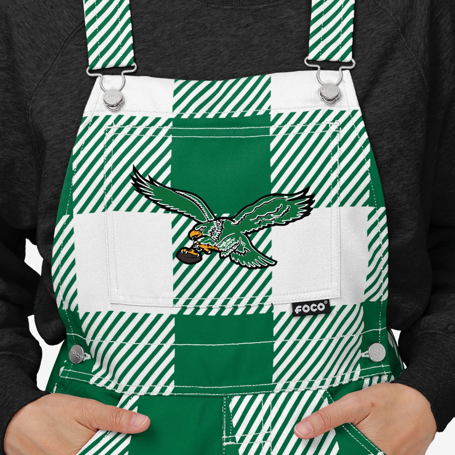 FOCO Philadelphia Eagles Kelly Green Womens Plaid Bib Overalls 6 FOCO Philadelphia Eagles Kelly Green Womens Plaid Bib Overalls - Image 4