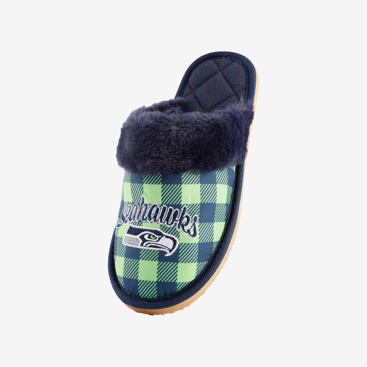 FOCO Seattle Seahawks Womens Plaid Sherpa Mule Slipper 5 FOCO Seattle Seahawks Womens Plaid Sherpa Mule Slipper - Image 3