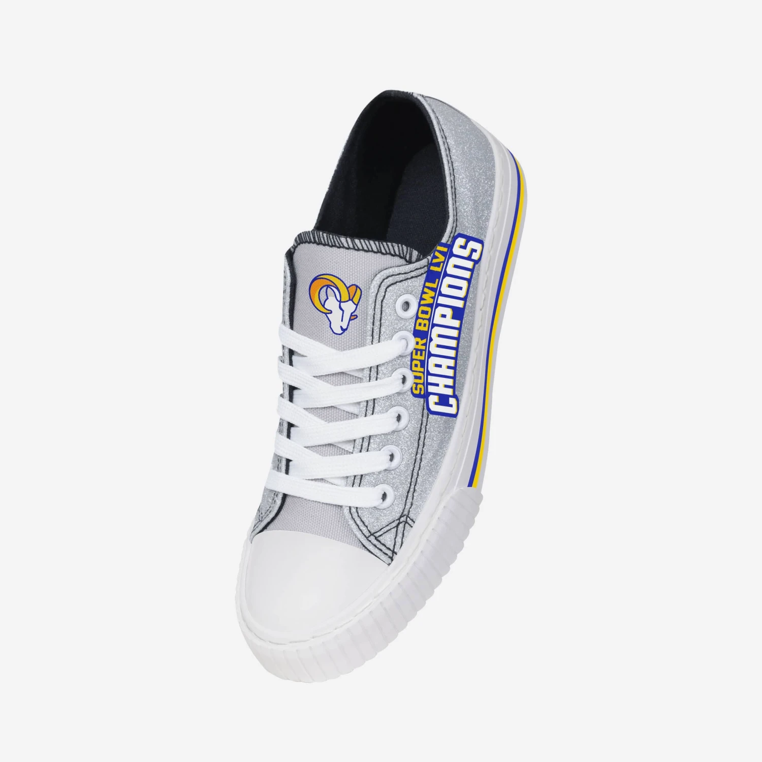 FOCO Los Angeles Rams Super Bowl LVI Champions Glitter Low Top Canvas Shoe 4 FOCO Los Angeles Rams Super Bowl LVI Champions Glitter Low Top Canvas Shoe - Image 2