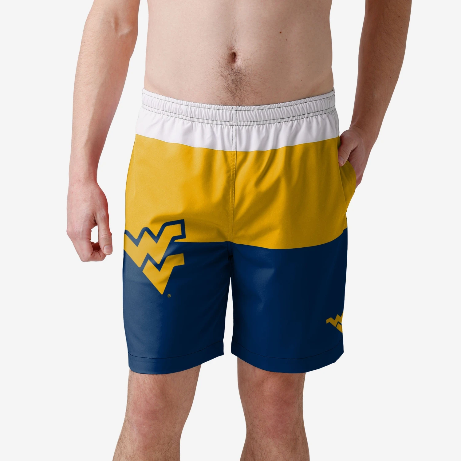 FOCO West Virginia Mountaineers 3 Stripe Big Logo Swimming Trunks 3 FOCO West Virginia Mountaineers 3 Stripe Big Logo Swimming Trunks