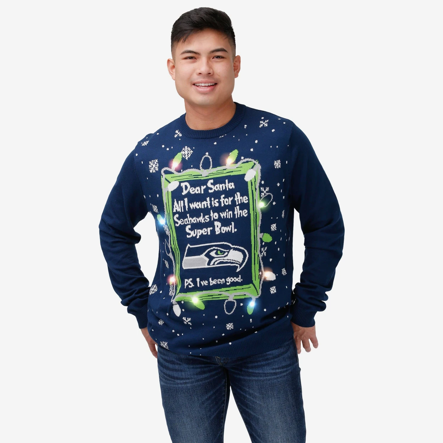 FOCO Seattle Seahawks Dear Santa Light Up Sweater 3 FOCO Seattle Seahawks Dear Santa Light Up Sweater
