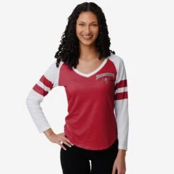 FOCO Tampa Bay Buccaneers Womens Script Wordmark Striped Sleeve Raglan T-Shirt