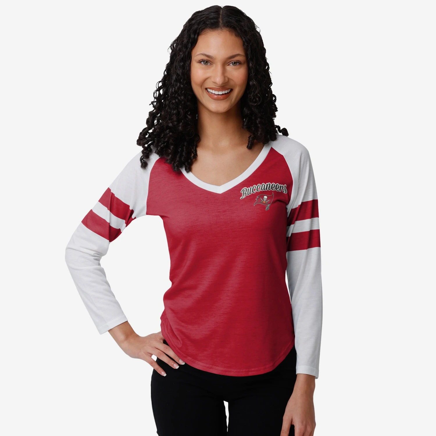 FOCO Tampa Bay Buccaneers Womens Script Wordmark Striped Sleeve Raglan T-Shirt 3 FOCO Tampa Bay Buccaneers Womens Script Wordmark Striped Sleeve Raglan T-Shirt